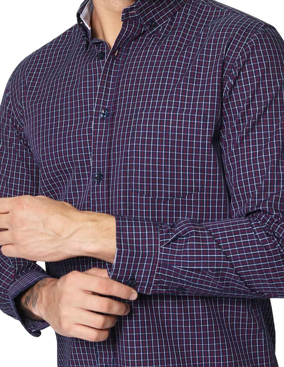 Camisas Para Hombre De Manga Larga Con Estampado De Cuadros Multicolor Cuello Americano Regular Fit B41217 Marino