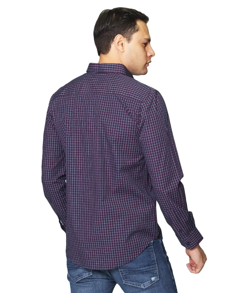 Camisas Para Hombre De Manga Larga Con Estampado De Cuadros Multicolor Cuello Americano Regular Fit B41217 Marino