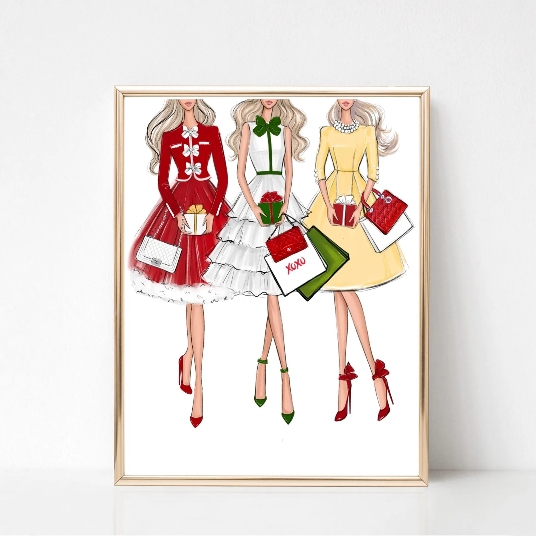 Christmas art fashion illustration of a sassy girls with gifts